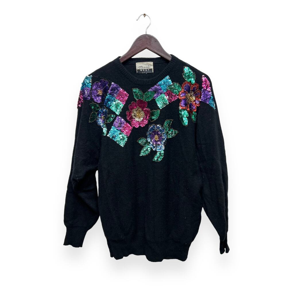 Marnie West Vintage 80s Black Mohair Sequin Sweater Size Womens M
